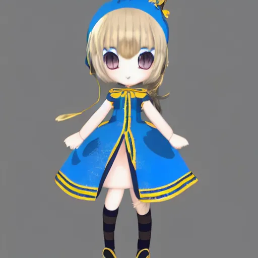 Prompt: cute fumo plush of a girl in a blue and gold patterned dress, stylized material bssrdf, cel shading, vray, anime girl