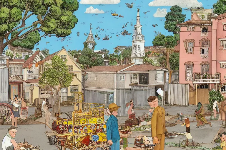 Image similar to an elaborate painting of a peaceful neighborhood, detailed, made of alcohol ink on parchment and penned illustrations, by wes anderson and geoff darrow