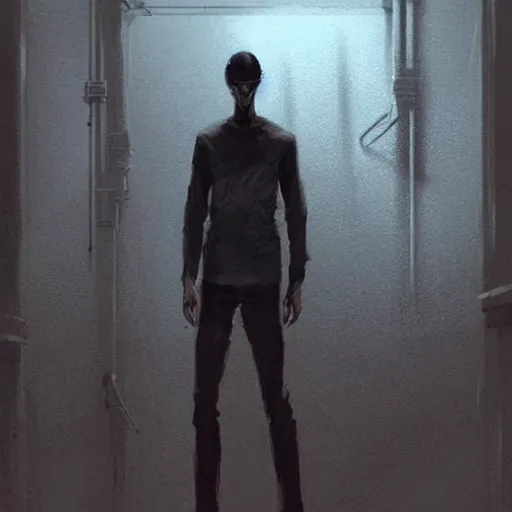 Image similar to concept art by greg rutkowski, a very tall and slender young man, dressed in patient clothes and an open sweatshirt, wandering through the desolate, futuristic, brutalist interior of a space colony, depressing atmosphere, low lighting, scifi, highly detailed portrait, digital painting, artstation, concept art, smooth, sharp foccus ilustration, artstation hq