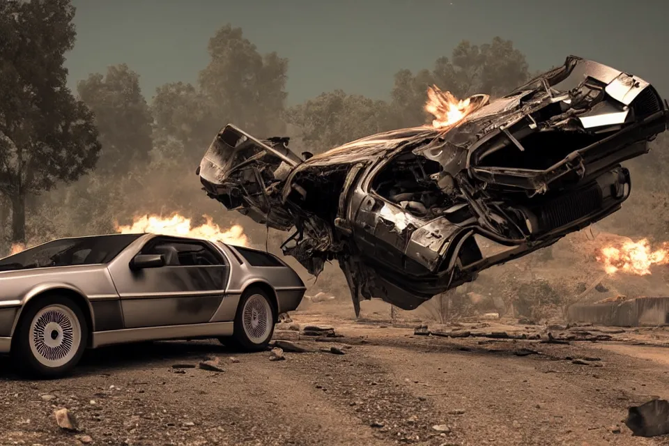 Image similar to ultra realistic delorean dmc 5 drifting on remote ancient highway wreckage in space, dark cinematic, volumetric, realistic, 3 d render, realistic render, cinematic lighting, volumetric lighting, atmospheric, cinematic, unreal engine 5, unreal engine render, octane render, hd, photorealism, hyper realistic, 8 k