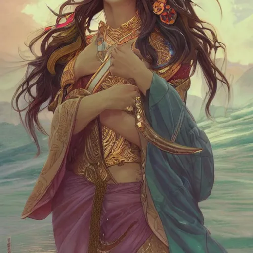 Image similar to asian goddesses representing earth, air, fire, water, and lightning, wearing modern clothing, hoodie, jean shorts, d & d, highly detailed, digital painting, artstation, concept art, sharp focus, illustration, cinematic lighting, art by artgerm and greg rutkowski and alphonse mucha