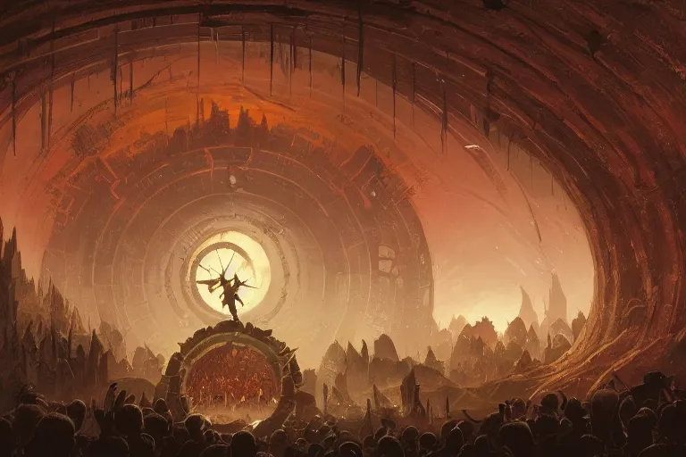 Image similar to a rally of people below a circular portal, by greg rutkowski and frank frazetta and peter mohrbacher and william blake and dan mumford