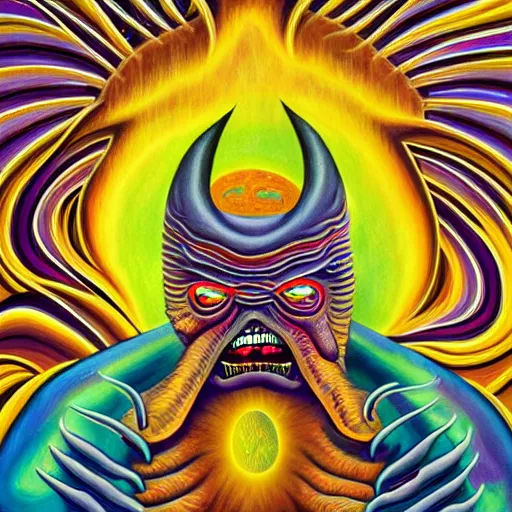 Prompt: a painting of Gengar relaxing by alex grey, flooko, vibrant, detailed, ethereal,