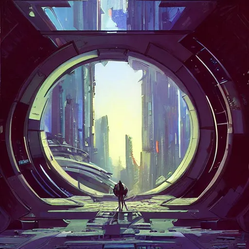 Image similar to circular derelict portal in a middle of a futuristic cityscape, world with trees seen through a portal, daylight, cinematic perspective, cinematic lighting, blue sky, syd mead, john harris