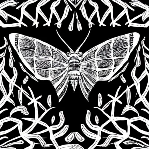 Prompt: black and white illustration, creative design, moth