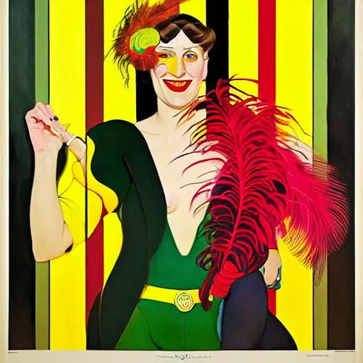 Prompt: art by joshua middleton, a medium shot portrait of the golden creeper, a tall manically smiling yellow - skinned woman with green and black striped cycling shorts and wearing a long red and black striped ostrich feather boa, yellow makeup, mucha, kandinsky, poster, art deco motifs, comic art, stylised design, scarlet feather boa