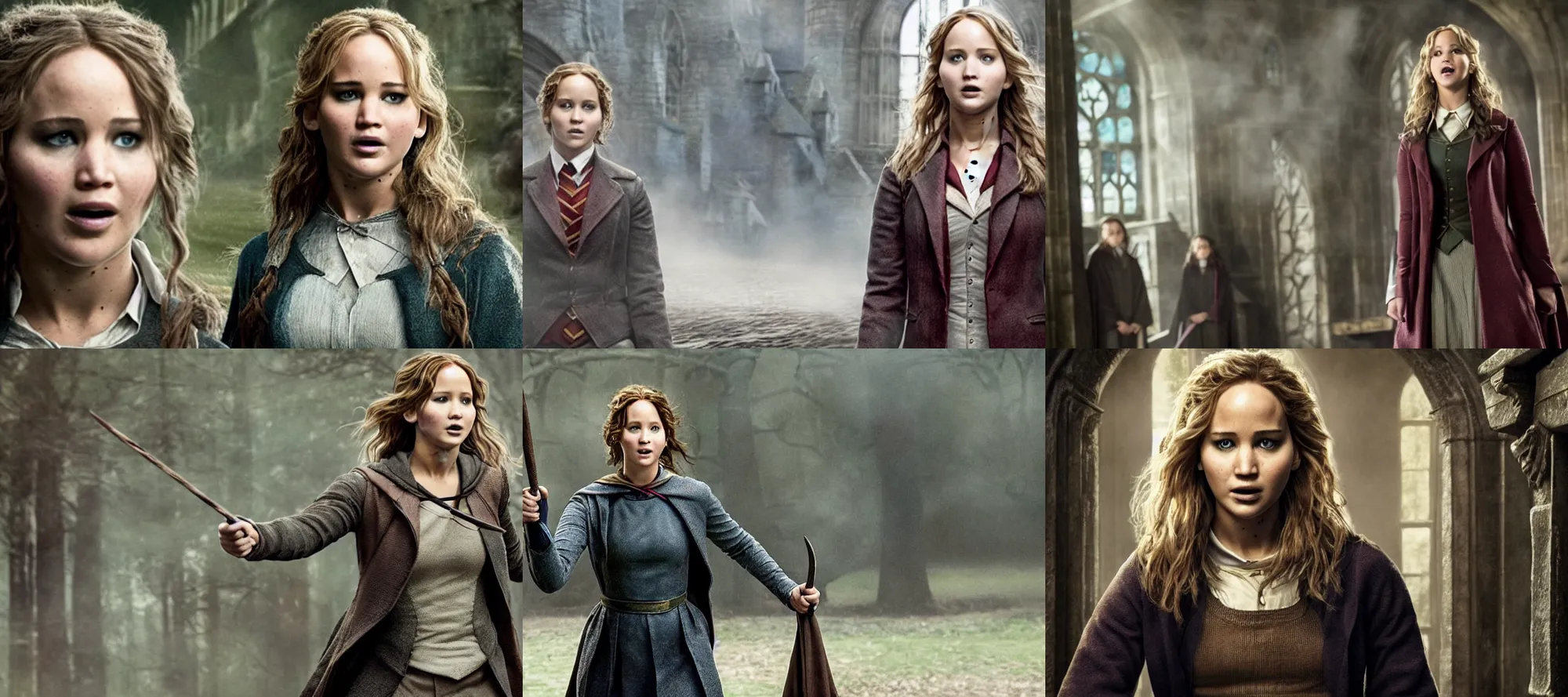 Prompt: promotional image of Jennifer Lawrence as a Hogwarts student in the new Harry Potter movie directed by David Yates, detailed face, movie still, promotional image, imax 70 mm footage