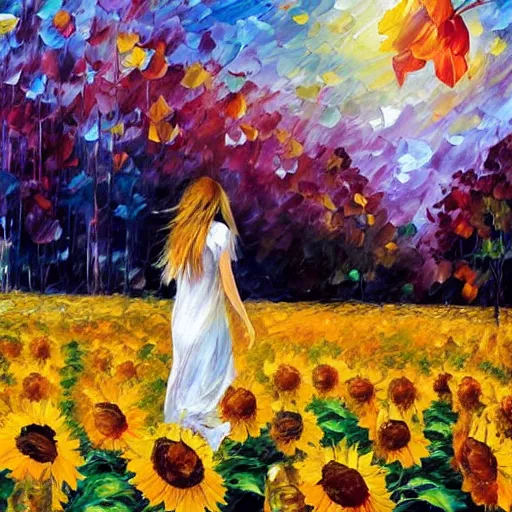 Prompt: a girl slowly walking through amazing tall sunflower field, her hair flowing down, subtle, intricate details, real masterpiece, oil on canvas, by leonid afremov