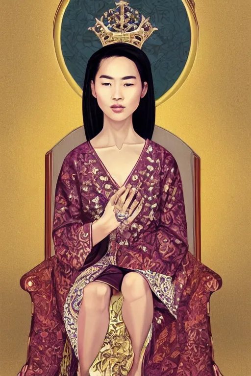 Image similar to portrait of a beautiful young asian woman with shoulder length hair and strong facial bone structure, queen and ruler of the universe, sitting on her throne, young men kneeling at her feet, digital painting, highly detailed, intricate, elegant, hyperrealism, trending on artstation, art by tara phillips