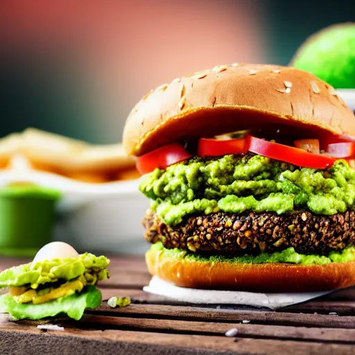 Image similar to vegan hamburger with guacamole topping crispy fried onion topping and fried egg topping, crispy buns, side view, 3 toppings, 8 k resolution, studio lighting, sharp focus, hyper - detailed