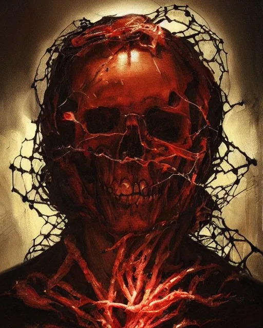 Prompt: an angel with a skull made of meat and webs for the head, organic painting, dark, bold shapes, by greg rutkowski, by satoshi kon, by caravaggio, trending on artstation, dramatic lighting, horror, blood, god rays angelical