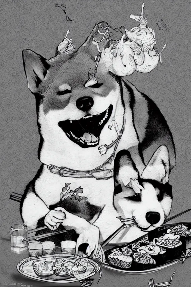 Prompt: a portrait of a shiba inu eating sushi, in the art style of shoihei otomo, realistic, highly detailed, b & w