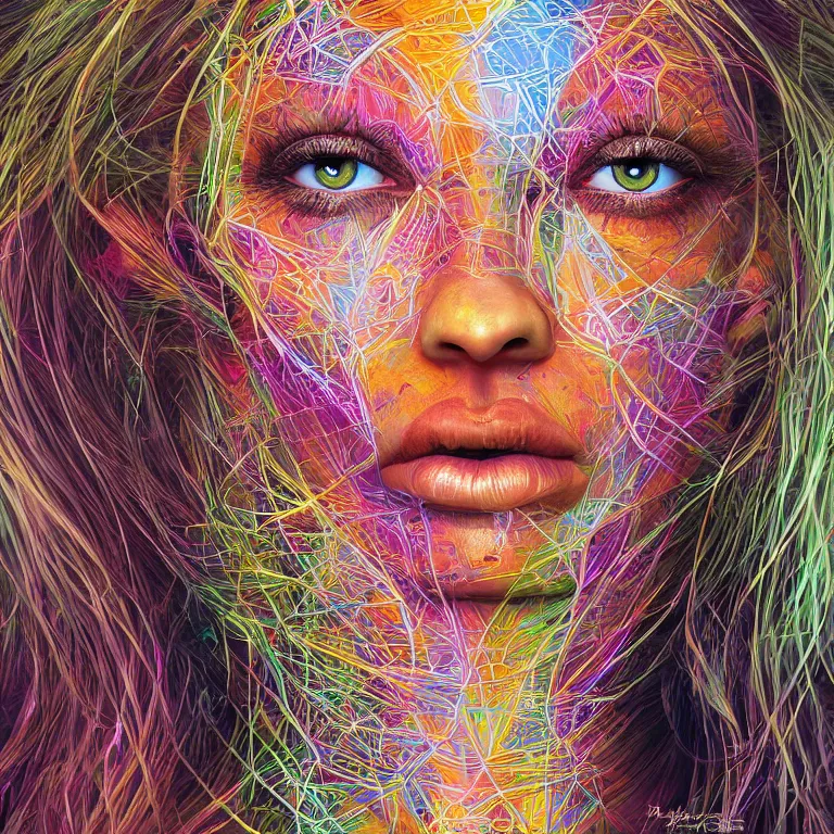 Prompt: An epic photo illustration of female symmetrical portrait by Michael Sydney Moore, Alex Grey, Irakli Nadar, hyper detailed, one face in center, multicolored, 50mm, award winning photography