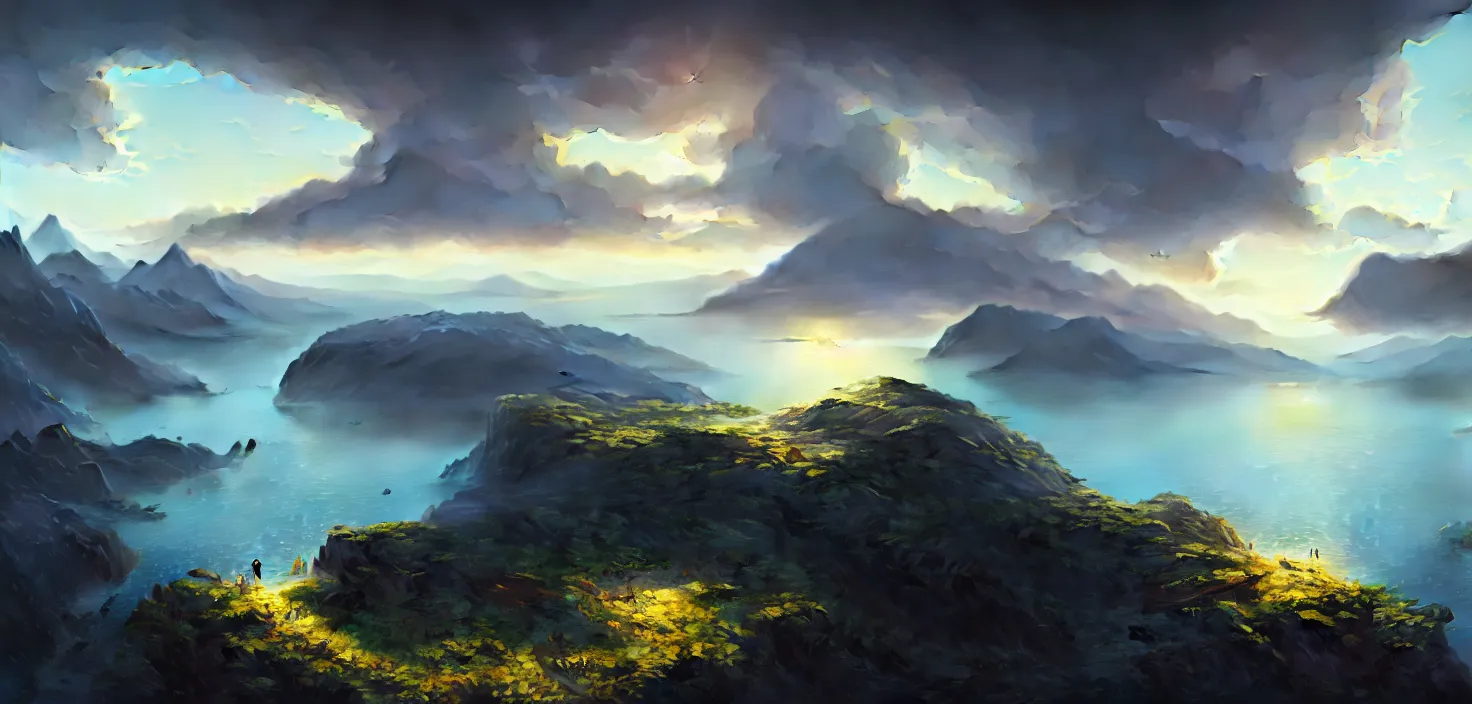 Image similar to nature landscape, aerial view, drone photography, cinematic, mountains and ocean, cinematic view, epic sky, detailed, concept art, low angle, high detail, warm lighting, volumetric, godrays, vivid, beautiful, trending on artstation, by jordan grimmer, huge scene, art greg rutkowski