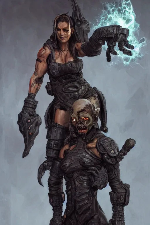 Image similar to gina carano as a shadowrun ork with prothesis metallic left arm, tusk, casual black clothing, muscular, realistic proportions, casual pose, large portrait, sci - fi, rpg character, digital painting, artstation, concept art, smooth, 8 k frostbite 3 engine, ultra detailed, art by artgerm and greg rutkowski and magali villeneuve