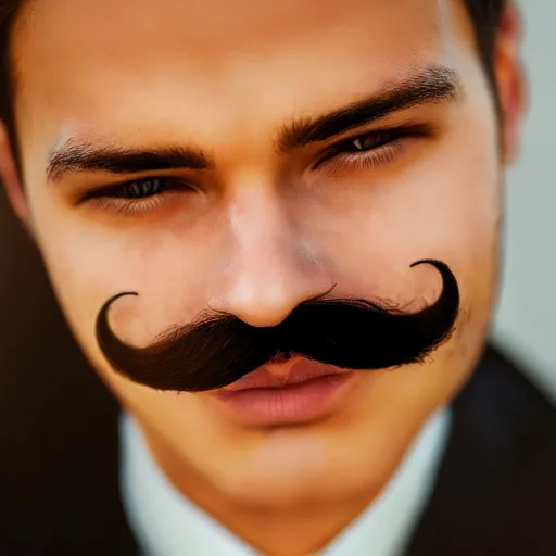 Prompt: realistic closeup of a young gentlemen's face with a mustache, 4K, beautiful, sunset