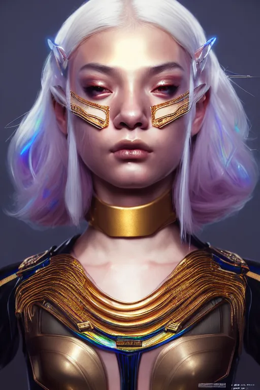 Image similar to hyperdetailed portrait of a stunningly beautiful movie thirty years old star androgynous woman guard made of iridescent metals, shiny gems, inspired by ross tran and wlop and masamune shirow and kuvshinov, concept art, intricate, photorealistic, octane render, rtx, hdr, unreal engine, dnd digital art by artgerm