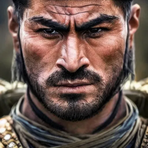 Image similar to handsome and strong! kurdish! samurai in a movie directed by christopher nolan, movie still frame, promotional image, imax 7 0 mm footage, perfect symmetrical facial features