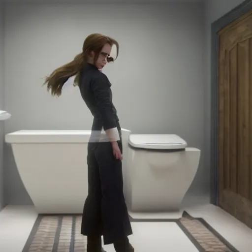 Image similar to emma watson standing on a toilet. emma watson is t posing, and her aggressive t pose is extremely intimidating, trending on artstation, award winning toilet photo