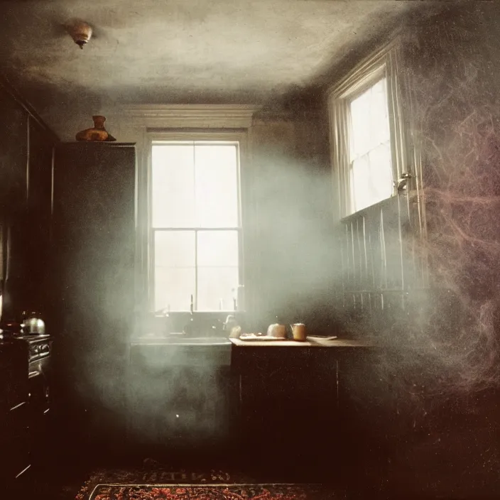 Image similar to kodak portra 4 0 0, wetplate, fisheye, award - winning portrait by britt marling, 1 8 8 0 s kitchen, ghost, picture frames, shining lamps, dust, smoke, 1 8 8 0 s furniture, wallpaper, carpet, books, muted colours, wood, fog, plants, flowers