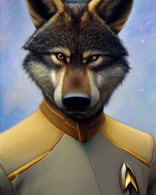 Image similar to painting of anthromorphic male wolf in starfleet uniform, star trek, zootopia, fursona, furaffinity, 4 k, deviantart, furry art, very expressive detailed face, gaston bussiere, craig mullins, jc leyendecker, gustav klimt, artgerm, greg rutkowski, alphonse mucha