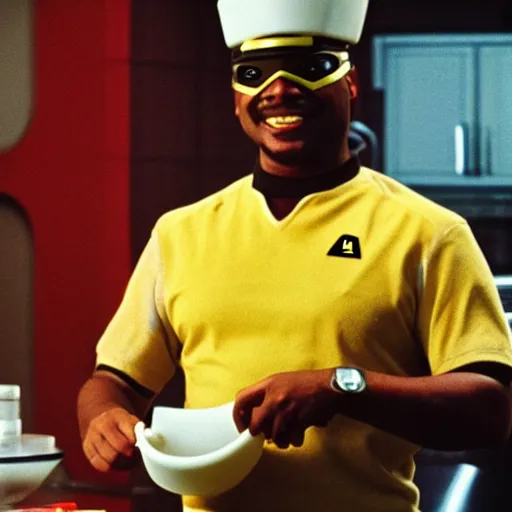 Image similar to Geordi LaForge wearing visor and a colander and random kitchen tools on his head