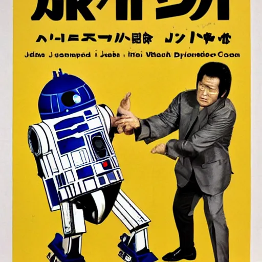 Prompt: poster for antonio inoki vs. r 2 d 2, japan, 1 9 7 0, detailed