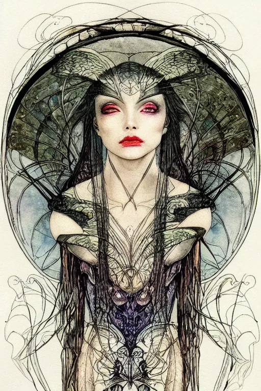 Image similar to dark fairy face closeup surrounded circular frame of moth wings, art by luis royo and walter crane and kay nielsen, watercolor illustration, ultra sharp focus