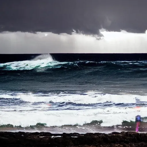 Prompt: wild flashing neon lights in the sky above the last man standing hip deep in wild ocean waves