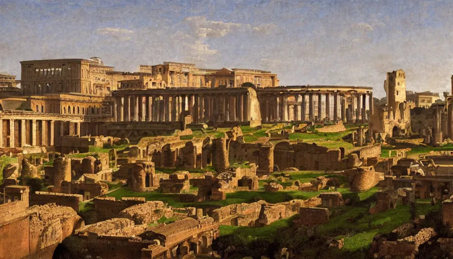 Image similar to ancient rome, aqueduct and roman baths in the background, clearly separated foreground middleground background, foggy, cupresses, intricate, paint texture, old masters, caravaggio, repin, solid anatomy, elegant, volumetric lighting, digital painting, highly detailed, artstation, sharp focus, illustration, concept art, steve mccurry, norman rockwell, masterpiece, 8 k