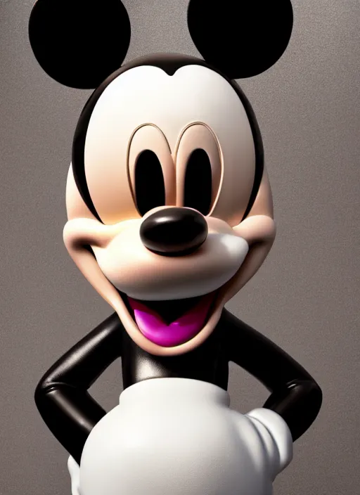 Image similar to stylized shiny latex rubber leather ornate statue full body made of marble of disney character mickey mouse, perfect symmetrical body, perfect symmetrical face, hyper realistic, hyper detailed, by johannen voss, by michelangelo, octane render, blender, 8 k, displayed in pure white studio room