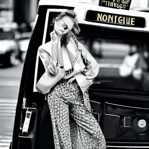 Prompt: close up of a fashion model standing in front of a taxi, vogue magazine editorial, highly detailed