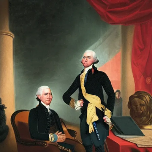 Image similar to painting of george washington doing a dab pose as donald trump watches and cries