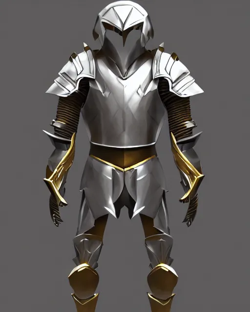 Image similar to fantasy armor, clean shiny silver armor with gold trim, trending on artstation, symmetrical, flat shading, extremely smooth, orthographic front view, professional awesome, incredible, creative, the best