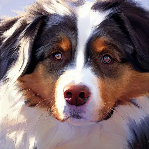 Image similar to australian shepherd, realistic shaded lighting poster by ilya kuvshinov katsuhiro otomo, magali villeneuve, artgerm, jeremy lipkin and michael garmash and rob rey