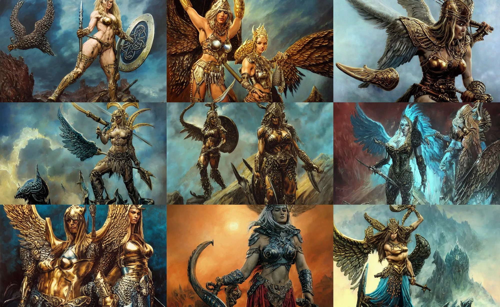 Prompt: An oil painting of the Valkyrie viking goddess of anger, very aesthetic, detailed face, golden wings, by Frank Frazetta, Greg Rutkowski, Boris Vallejo, Neal Hanson, Christian MacNevin, epic fantasy character art, goddess of war, teal-neon viking runes, detailed armor, high fantasy, full length, exquisite detail, post-processing, low angle, masterpiece, cinematic, odin's stone arena background