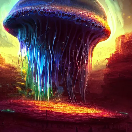 Image similar to photorealistic beautiful alien jellyfish palace world in the style of greg rutkowski and michael whelan. hyperdetailed photorealism, 1 0 8 megapixels, imposing, amazing depth, glowing rich colors, powerful imagery, psychedelic overtones, 3 d finalrender, 3 d shading, cinematic lighting, artstation concept art