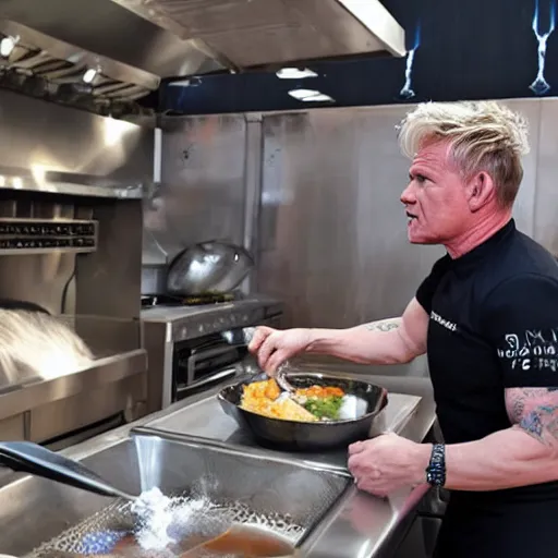 Prompt: Gordon Ramsay teaching Thanos how to cook