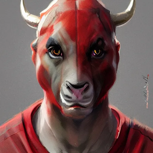 Image similar to a award winnimg commission portrait of a fit anthro bull wearimg a red tracksuit,digital art,art by greg rutkowski,character design by charles bowater,professional character design,ross tran,artstation,deviantart,photorealistic,detailed face,hyperdetailed,4k