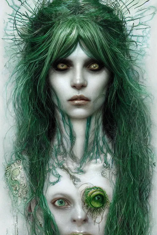 Prompt: beautiful strange detailed portrait of a stunningly beautiful green haired djinn genie - kin bard woman by luis royo, wayne barlowe, kirsi salonen, asya yoranova and alan lee trending on artstation 8 k