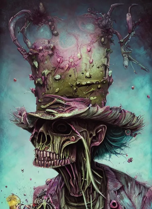 Prompt: mad hatter, alien, skull, highly detailed, cinematic, 8 k, by megan duncanson, benjamin lacombe, adrian borda, stanley artgermm, tom bagshaw, craig mullins, carne griffiths, ayami kojima, beksinski, giger, trending on deviantart, hyper detailed, horror, full of colour