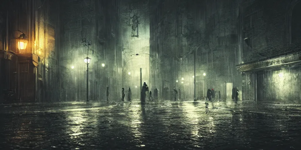 Image similar to a cold and melancholic city in a dark cavern, rainy and gloomy atmosphere, fantasy digital art, octane render, beautiful composition, trending on artstation, award - winning photograph, masterpiece