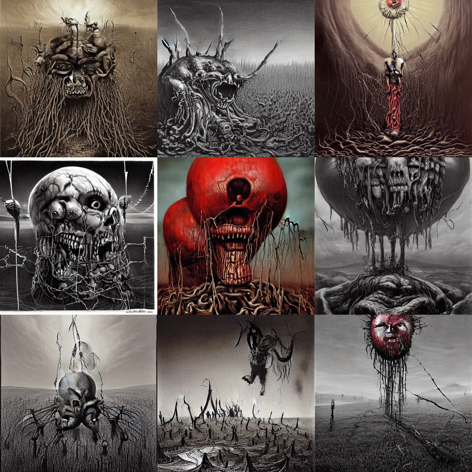 Prompt: giant meat balloons with eyes floating over a hellscape, dark fantasy, barbed wire, demonic anatomy, surreal nightmare, blood teeth and bone, muscle, by beksinski, dariusz zawazki, stephen gammell, ivan albright