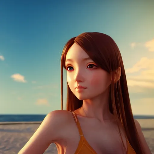 Prompt: Render of a very beautiful 3d anime girl, long hair, hazel eyes, cute freckles, full round face, short smile, cute sundress, golden hour, serene beach setting, medium shot, mid-shot, highly detailed, trending on Artstation, Unreal Engine 4k wallpaper