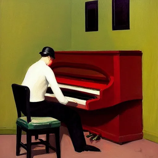 Prompt: painting of a piano player. by edward hopper and james gilleard