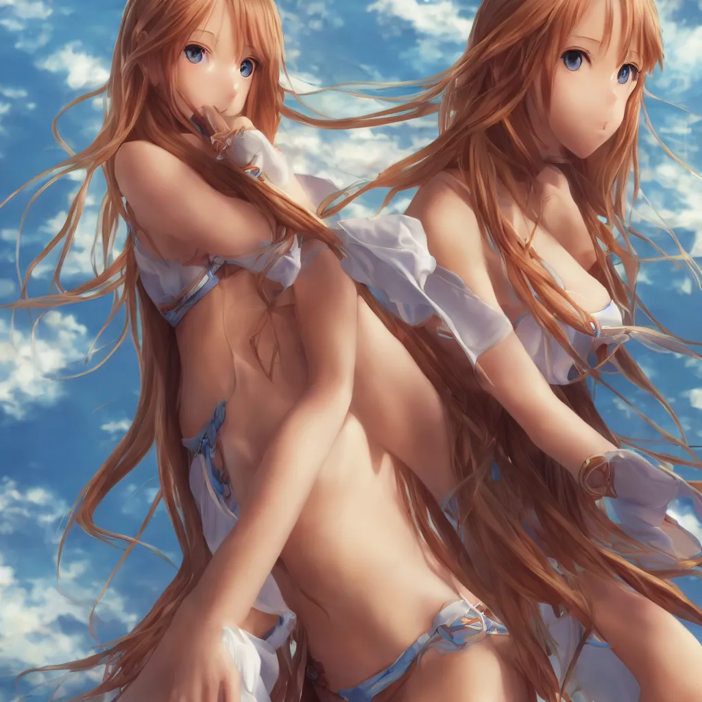 Image similar to a very beautiful young yuuki asuna, full body, long wavy blond hair, sky blue eyes, full round face,, bikini, miniskirt, front view, mid - shot, highly detailed, cinematic wallpaper by stanley artgerm lau