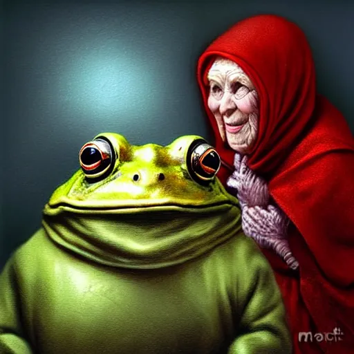 Prompt: Elderly anthropomorphic frog russian grandmother dressed as a babushka. MTG Digital art, by Seb McKinnon