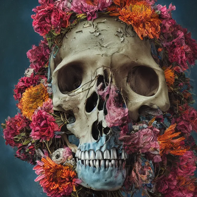 Prompt: A beautiful oil painting hyperrealism of a decayed head, rotting clay skin, skull bones, flowers, floral headdress, 8k resolution, octane render, Trending on artstation, by Gediminas Pranckevicius, volumetric light 2blue fractal Thunder glow by dan mumford, anaglyph effect, Laurie Lipton