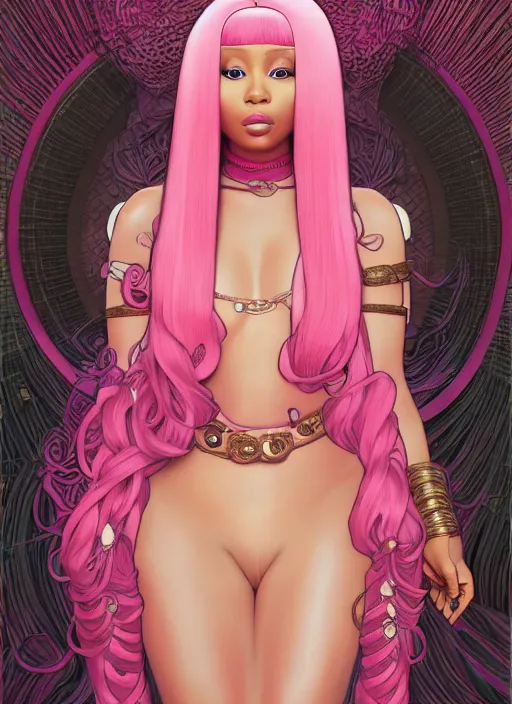 Image similar to nicki minaj in a cat suit with long curly pink hair, path traced, highly detailed, high quality, digital painting, by studio ghibli and alphonse mucha, leesha hannigan, makoto shinkai, disney