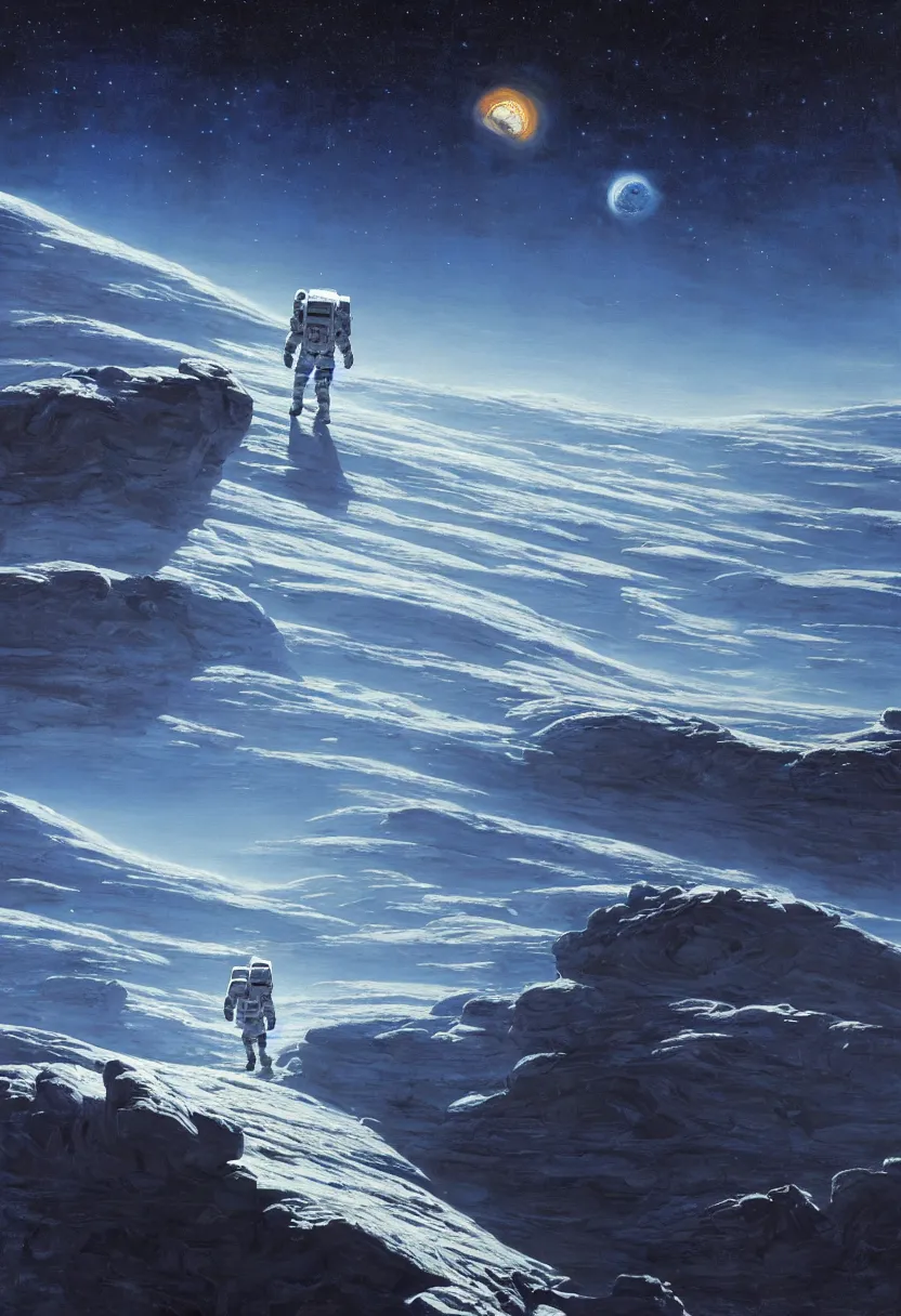 Image similar to an epic painting of a futuristic solitary astronaut walking along an airless icy planet in the endless starry night of space, unreal 5, DAZ, detailed, soft focus, brilliant, 4k, 8k, HD, trending on artstation, art by Rick Guidice painting by Robert McCall by John Harris, abstract